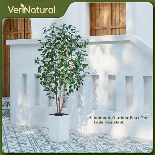 VeriNatural 6ft Artificial Ficus Tree-Tall Faux Tree with Pebbles & Planter UV Resistant Potted Fake Plant with Silk Leaves & Real Wood Trunk-Indoor Outdoor Floor Plant for Home,Living Room,VN129 - color: White, size: 6ft