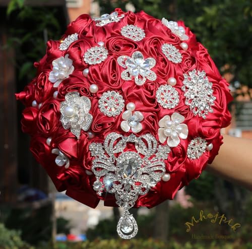Bridal Wedding Bouquet Round Bling Brooch Bouquet Artificial Rose Flower Bunch for Bride Bridesmaid Wedding Quinceanera(Ruby Red, 9.8") - color: Ruby Red*, size: Large (Dia. 9.8"/25cm)