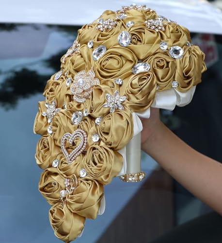 Luxury Cascade Bridal Wedding Bouquet Satin Rose Waterfall Holding Bouquet Artificial Flower Bunch for Bride Bridesmaid(Gold, 15" x 7.5") - color: Gold, size: 15"L x 7.5"W(38cm x 19cm)