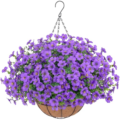 Bassion Artificial Hanging Flowers for Outdoors, UV Resistant Silk Flowers Basket Purple Faux Daisy with Eucalyptus Leaves Hanging Fake Plants for Porch Balcony Patio Home Spring Summer Decoration - color: Purple