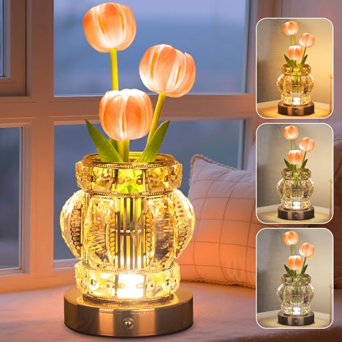Tulip Table Lamp, Rechargeable Cordless Touch Dimming Artificial Tulip Flower Desk Lamp, LED Crystal Lamp Flower Bedside Night Light, Romantic Gifts for Girl Women Mom (Pink - Tulip) - color: Pink - Tulip