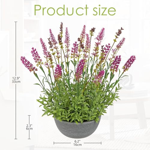 Artificial Lavender Flowers with Cement Pot - 12.9" Fake Lavender Flower Rustic Arrangement Purple-Red Artificial Potted Faux Plants for Indoor Farmhouse Table Wedding Centerpieces Office Home Decor - color: Purple-red