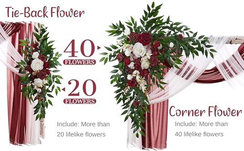 Wedding Arch Flowers with Drapes Kit (Pack of 4) - 2pcs Artificial Christmas Marsala Deluxe Swag with 2pcs Sheer Drapes for Wedding Ceremony Arbor Reception Backdrop Rose Floral Decoration - color: Marsala