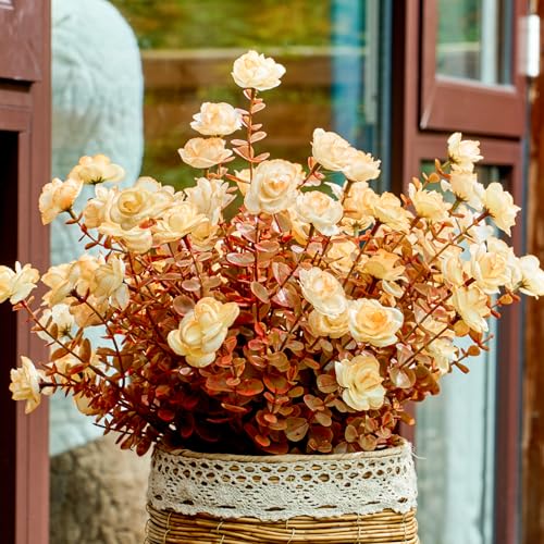 PONKING Artificial Flowers for Outdoors Patio Decoration 6 Bundles Fake Flower Rose UV Resistant Faux Plants Yard Garden Porch Home Boxwood Patio Halloween Decor, Fall Champagne Flower - color: D Fall Champagne Rose 6pcs