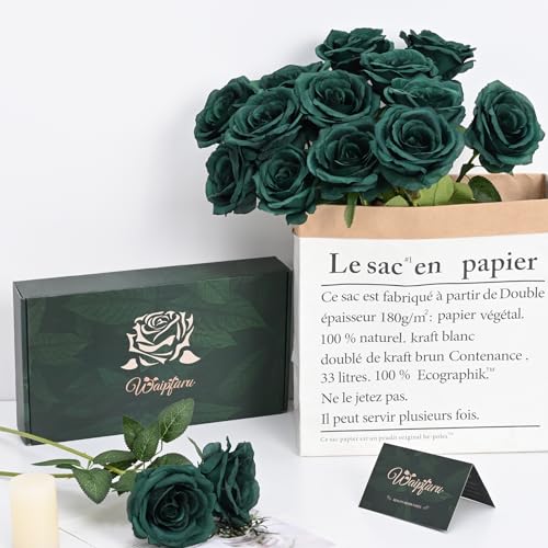 Waipfaru 16 Pcs St Patricks Day Roses, Long Stem Fake Roses Artificial Flowers, Silk Flowers for Valentines, Roses Bouquet Peacock Green Home Decor - color: Emerald Green, size: 16 Pcs