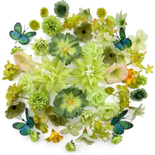 Artificial Flowers Heads Green Silk Faux Flower Heads Fake Roses Lily Carnation Daisy Flowers Bulk for DIY Craft Cake Wedding Party Bridal Baby Shower Graduation Cap Table Home Decoration - color: Green