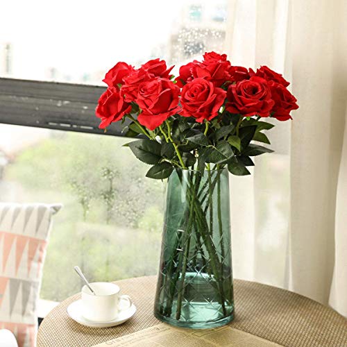 Laelfe 12 pcs Artificial Red Roses Flowers Long Stem Fake Silk Rose for Home Wendding Decorations(Red) - color: Red