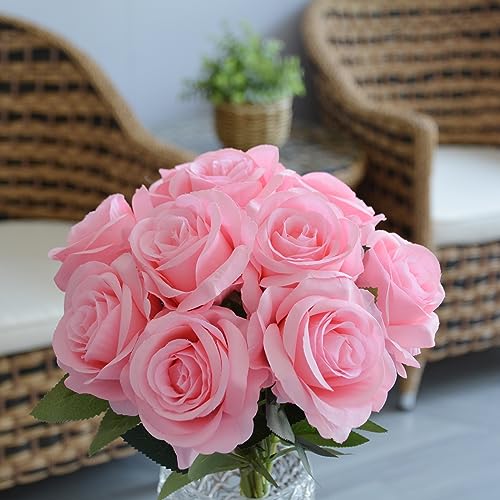 12pcs Rose Artificial Flowers, Fake Rose Silk Flower Bouquet, Faux Roses with Stems - 50cm, Roses Decor for Wedding & Home Decoration (Pink) - color: Pink