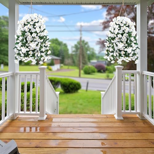 Sggvecsy Artificial Fake Hanging Flowers Plants for Outdoor Outside Spring Summer Decoration 2PCS Faux Silk UV Resistant Realistic Morning Glory Trailing Vines for Home Porch Patio Balcony(White) - color: White, size: 2Pcs