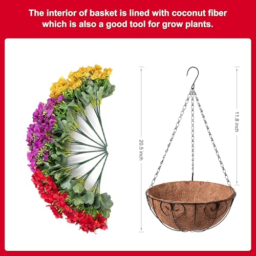 Artificial Fake Hanging Plants Flowers Basket for Spring Outdoor Decoration, Faux Silk Daisy UV Resistant Look Real with Eucalyptus Leaves Summer Decor for Home Patio Garden Outside(Red Purple Yellow) - color: Red Purple Yellow