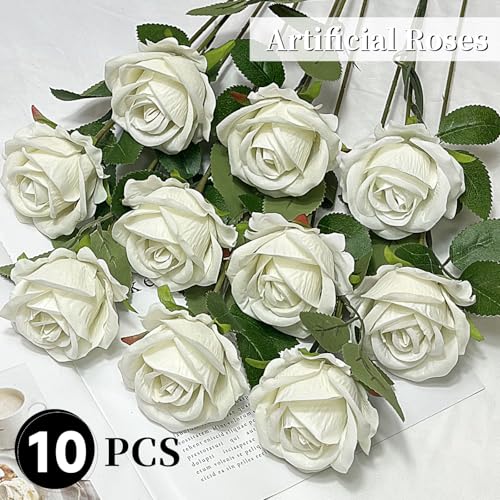 10 PCS Artificial Roses with Long Stems Silk Flowers Realistic Foam Flowers Fake Roses for Valentine's Day Home Wedding Halloween Decor(White) - color: White
