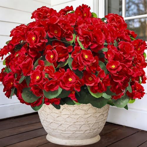 Artificial Geraniums Flowers for Outdoors Summer Decor, 4 Bundles Fake Flowers Silk Red Flowers UV Resistant No Fade Cemetery Flowers Faux Plants for Garden Planter Patio Indoor Home Cemetery Decor - color: Red