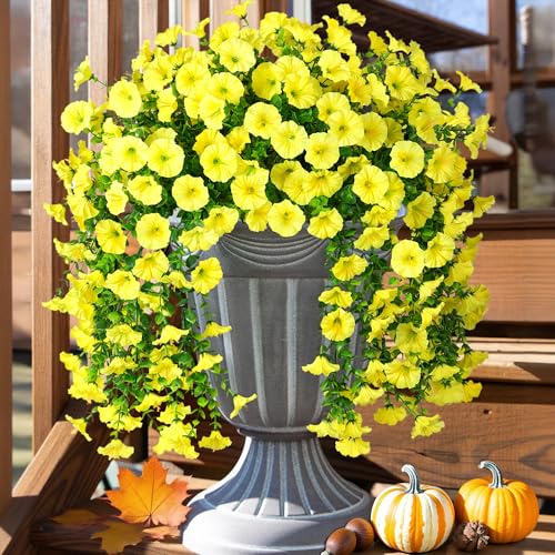 Ivydale 2 PCS Artificial Hanging Flowers Fake Plants Outdoor,Silk Morning Glory Faux Flowers with Eucalyptus Leaves,UV Resistant Realistic Hanging Petunias Plants for Home Garden Decor (Yellow) - color: Yellow