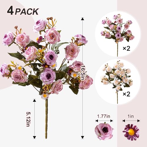 Artificial Rose Flowers for Outdoor 4 Bundles Rose Bouquet with Daisy Faux Flowers UV Resistant for Home Indoor Outside Garden Porch Window Box Balcony Yard Porch Fall Decor (White+Purple) - color: White+purple