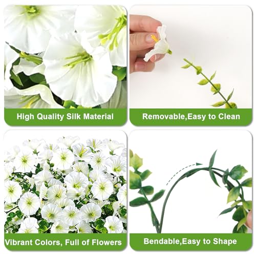 Artificial Hanging Flowers for Outdoors, 4Pcs UV Resistant Faux Morning Glory Flowers Spring Summer Decroation, No Fade Fake Flower Trailing Vines for Porch Patio Balcony Yard Garden (White) - color: White