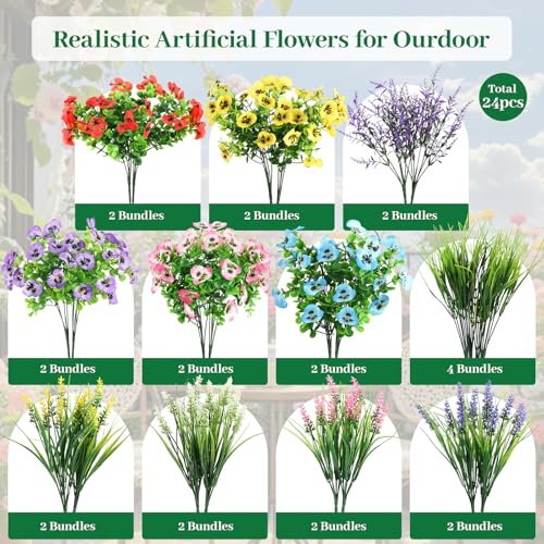 24 Bundles Artificial Flowers for Outdoor Decor - UV Resistant Fake Flowers with Eucalyptus & Lavender Greenery Plants for Indoor Garden Patio Porch Window Box Home Wedding Outside Hanging Decor - color: Spring a