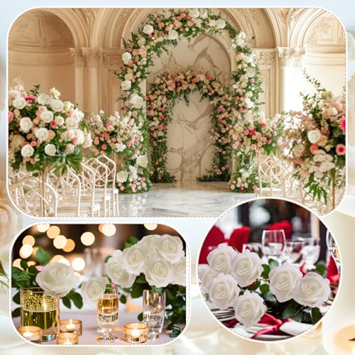 90 Pcs White Velvet Rose Artificial Flowers with Long Stems, Fake Silk Roses Real Touch Fake Roses Florals for Birthday Wedding Bouquet Party Arrangement Decorations - color: White