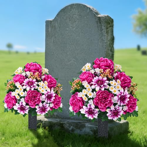 Dolicer Artificial Cemetery Flowers for Grave, Set of 2 Memorial Grave Flowers for Cemetery with Vase Realistic Silk Gravesites UV Resistant Peony Daisies Flowers Decorations (Red with White) - color: Rose Red