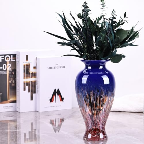 11.8" Tall Blown Blue Glass Vase, Colorful Opaque Glass Vase, Unique Design Wide Mouth Art Decoration for Home, Living Room, Dining Table, Pampas Grass Decor (Blue) - color: Blue