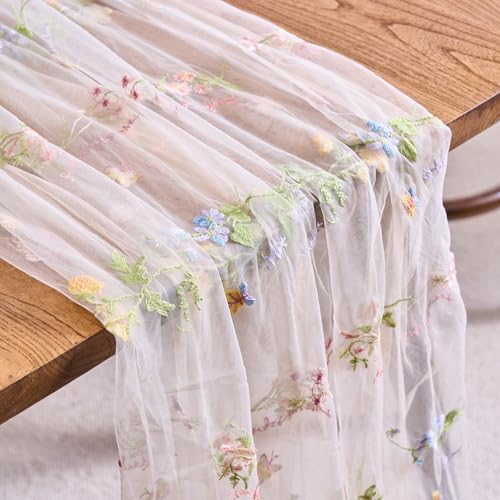 vctops 2 Packs Embroidery Lace Fall Table Runner 10ft Floral Garden Seasonal Tulle Table Runner Holiday Kitchen Dining Table Decoration for Wedding Party Baby Shower Birthday (Beige,30"x120") - color: Beige