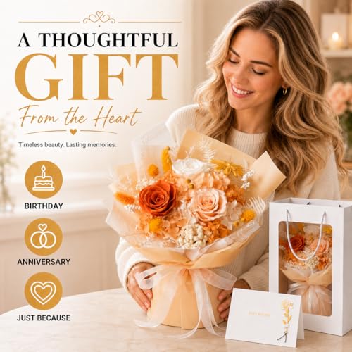 Preserved Champagne Rose Bouquet, 100% Real Flowers for Women Mother Wife, Long-Lasting Eternal Cream Roses with Gift Box, Forever Flowers for Anniversary Birthday Mother's Day, Lasts 3-5 Years - color: Champagne Gold