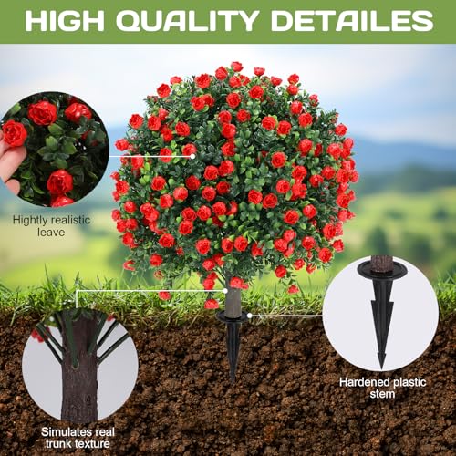 Artificial Red Rose Topiary Ball Tree 25" with Ground Spike, Set of 2 Artificial Boxwood Bushes for Faux Shrubs, Fake Evergreen Faux Plant for Indoor Outdoor Porch Garden -UV Resistant–Fade-Proof - color: Red Rose