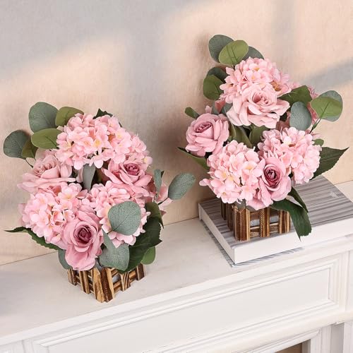 11.8’’ Tall Free Standing Artificial Flowers, 4Pcs Artificial Flowers Arrangement with Basket, Dusty Pink Rose Hydrangea Decorations for Wedding Archway Aisle Welcome Entrance Table - color: Dusty Pink