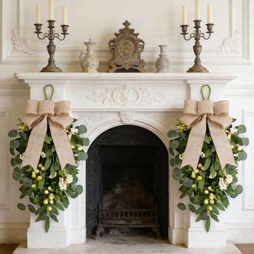 2 PCS 22" Artificial Green Eucalyptus Teardrop Swag for Front Door Greenery Swag Spring Summer Olive Kitchen Cabinet Wreath with White Berry for Farmhouse Home Porch Wall Window Festival Wedding Decor - color: Green Eucalyptus