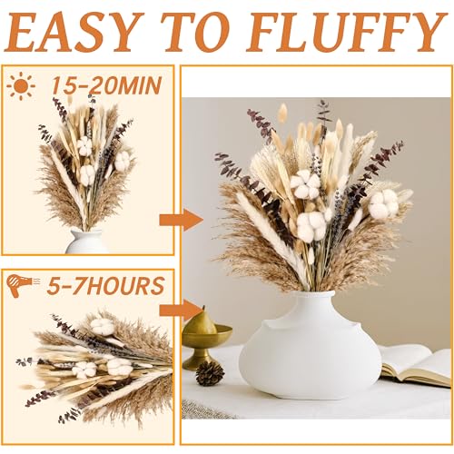 120Pcs Natural Dried Cotton Flower Bouquet - 17'' Boho Pampas Grass, Lavender, Cotton Stems, Bunny Tails, Eucalyptus & Wheat - Rustic Boho Farmhouse Decor for Vase, Wedding, DIY Crafts