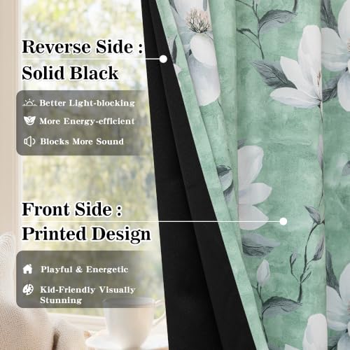 MYSKY HOME Floral 95% Blackout Curtains 54 Inch Long 2 Panels Set for Kitchen White Flower Printed Thermal Insulated Light Blocking Black Out Grommet Window Treatments, 52" W Each Panel, Sage Green - color: Sage Green, size: 52"W x 54"L (Pack of 2)