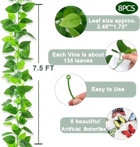 BLEUM CADE 8Pcs Fake Vines with Faux Pothos Leaves, Artificial Ivy Garland Fake Plants Greenery for Bedroom Living Room Office Wall Garden Wedding Party Indoor Outdoor Decor Aesthetic - color: Pothos Vines - 8pcs