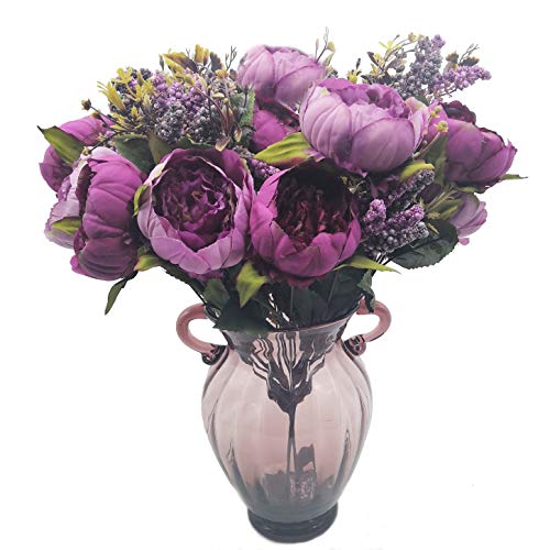 2pcs Artificial Peony Bouquets,19 Inch Silk Peony Bunch with 7 Faux Flowers,Classical Style Artificial Flowers with Leaves and Ornaments for Wedding,Home Décor Centerpieces(Purple) - color: Purple, size: Pack of 2