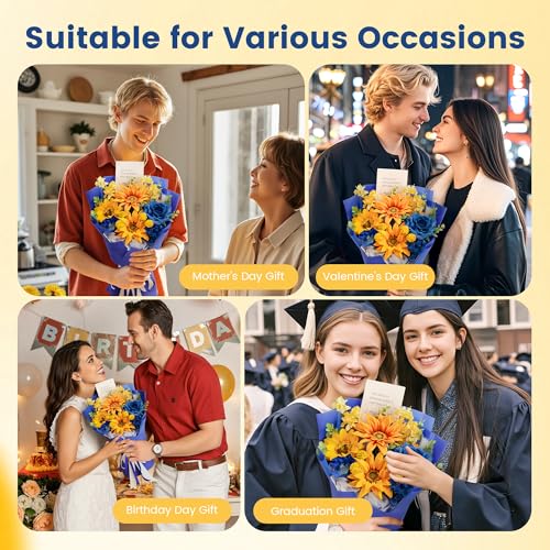 TINGE TIME Preserved Flowers Bouquet, Sunflower and Rose Bouquet, Flowers for Delivery, Graduation Gifts Teacher Appreciation Gifts Birthday Flowers Gifts for Women Mom Grandma Wife Friends - color: Sunflower&RoyalBlue