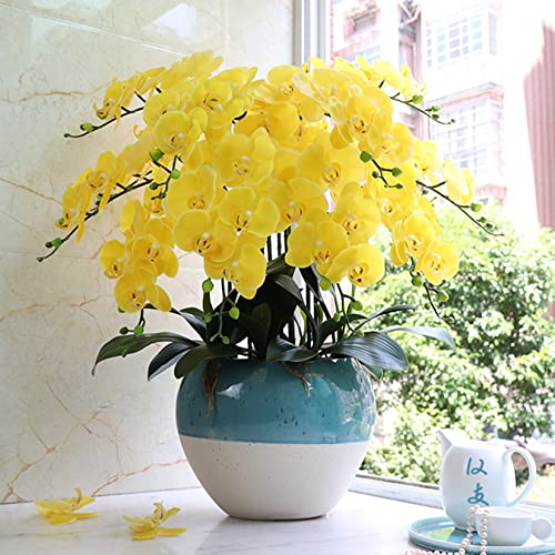 FagusHome 32" Artificial Phalaenopsis Flowers 4 Pcs with 2 Bundles Leaves Artificial Orchid Flowers Stem Plants Fake Butterfly Phalaenopsis Flowers for Home Wedding Party Décor (Yellow) - color: Yellow