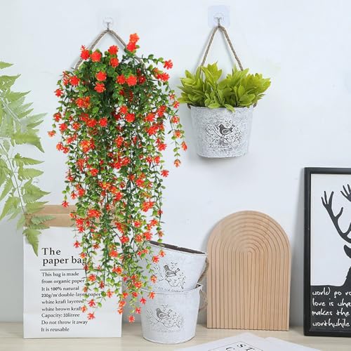 Artificial Hanging Flowers for Outdoor Indoor Decor, 6 Packs Fake Eucalyptus Vine Faux Flower Greenery Garland Plastic Plants Outside UV Resistant Wall Garden Wedding Home Party Decor (Orange) - color: Orange