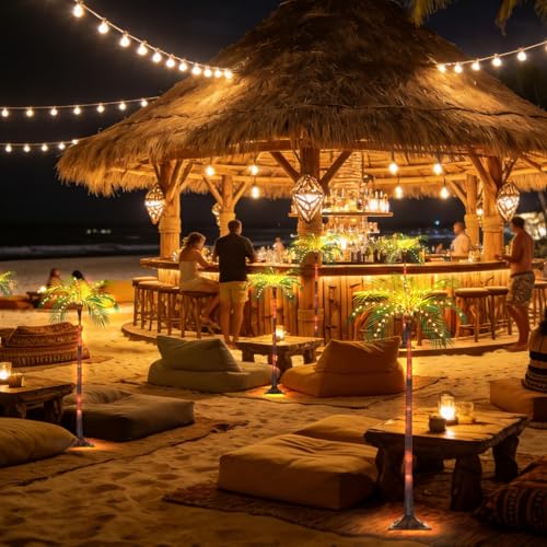 Solar Palm Tree Lights for Patio Outdoor Decoration，4.6FT Artificial Palm Tree with 110 LED Lights for Pool Tiki Bar Garden, Palm Trees with Light Up Plastic TreeTrunk and Rechargeable Remote Control