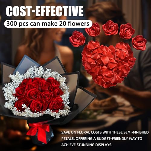 300Pcs Premade Satin Ribbon Rose Petals Half-Finished for Eternal Rose DIY Ramos Forever Flowers Bouquets Everlasting Floral,for Wedding,Anniversary,Birthday (300 Pcs Red) - color: 300 Pcs Red