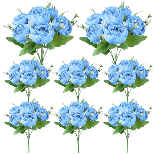 8 Pack Blue Peonies Artificial Flowers, Fake Silk Hydrangea Bouquet for Bridal Wedding Home Table Decor Reusable Dining Opening Ceremony Birthday Arrangement Faux Floral - color: Blue