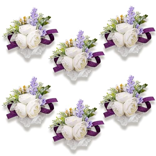 6Pcs White and Purple Artificial Silk Wrist Corsage for Wedding Prom | Faux Wrist Corsage with Purple Ribbon for Homecoming Prom Anniversary Formal Party and Bridal Shower for Bride and Bridesmaid - color: Purple2# Wrist Corsage (Set of 6)