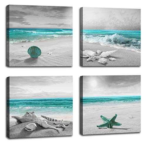 BQVCT 4 panels green ocean beach wall decoration for bathroom beach canvas prints natural pictures home artwork bedroom living room wall art ready to hang size: 12x12inch/set - color: Black Green