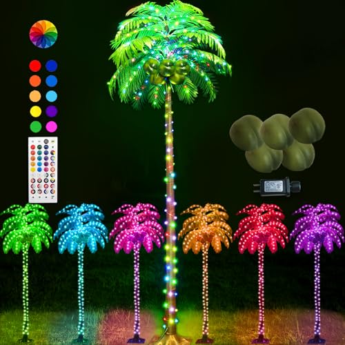 Ledido 7FT Lighted Palm Trees for Outside Patio, 35 Colors Changing Light Up Palm Trees Outdoor with Remote, Led Artificial Tree with Coconuts for Poolside Tiki Bar Yard Tropical Party Indoor Decor - color: Color Changing, size: 7ft