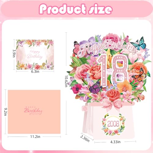 18th Birthday Cards, Light and Music 18 Years Old Happy Birthday Card, Rose Lily Orchid and Butterflies, 10 Inch Forever Flower Bouquet 3D Pop Up 2008 Birthday Gift Card for Women Wife girls Daughter Sister - size: 2008-18th