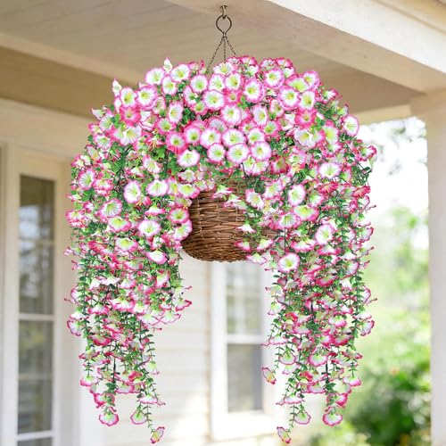 Artificial Flowers for Outdoors, 6-Pack 420 Blooms UV Resistant Hanging Morning Glory Silk Flowers Vines, Realistic Fake Plants Outside Decroation for Porch Patio Balcony Yard Garden (Light Pink) - color: Light Pink