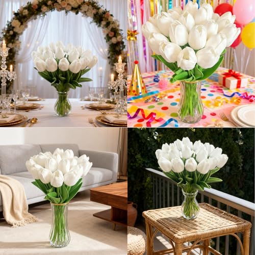 20pcs–13.5 Inch White Tulips Artificial Flowers Mother's Day Easter Valentine’S Day Gifts in Home Kitchen Wedding Dining Table Decorations Faux Flowers