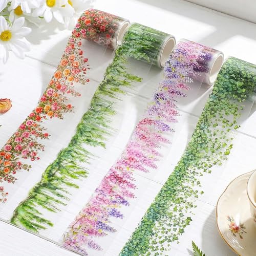 4 Rolls Floral Washi Tape, PET Rose Vine Flower Tape Stickers for Journaling, Colorful Self-Adhesive Green Leaf Decorative Tapes for Crafts Scrapbook Journal Notebook Gift Wrap Photo Album