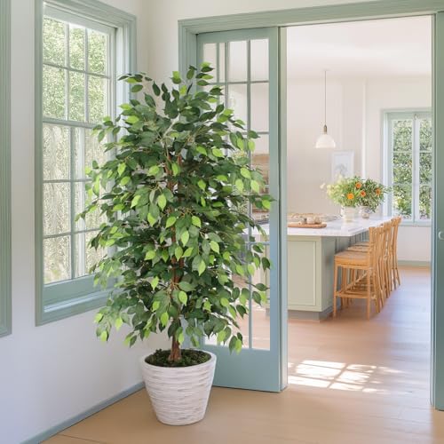 Ficus Tree Artificial 6ft, Tall Fake Tree with Realistic Leaves & Trunk, Artificial Tree for Home Office Living Room Decor Indoor Outdoor. - style: 6ft