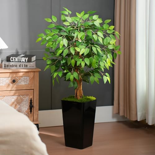 4ft Ficus Artificial Tree with 3 Natural Curved Trunks, 48" Tall Lush Faux Tree for Home Decor Indoor, Green Lifelike Fake Ficus Tree with Black Planter Pot - color: Black Planter, size: 4ft