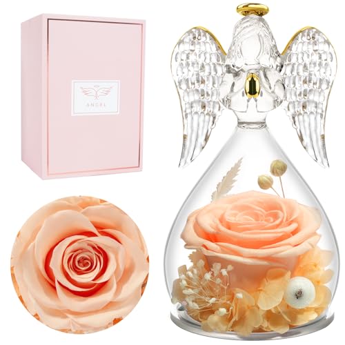 Miofula Gifts for Mom Birthday Gifts for Women, Preserved Flowers Rose in Glass Angel Figurines, Fresh Flowers for Delivery Anniversary Forever Real Roses Gifts for Mothers Grandma Her Wife Girlfriend - color: Champagne