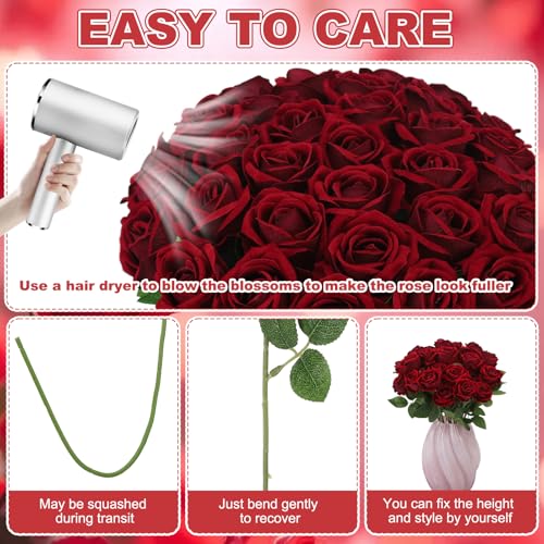 36 Pcs Velvet Texture Burgundy Artificial Flowers Bridal Bouquet, Fake Rose Long Stem Realistic Flowers Bulk for Valentine's Day Wedding Bouquet Ball Arrangement Centerpiece Party Home Decor - color: Burgundy