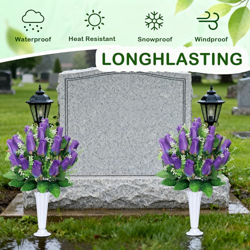 Artificial Cemetery Flowers for Grave,2Pack Memorial Roses Bouquets with Vase for Grave Tombstone Decorations (Purple) - color: Purple